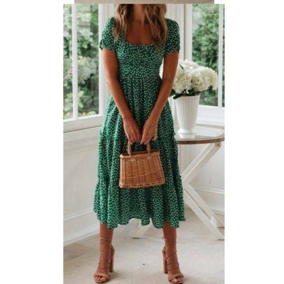 Cherie Loren Dresses & Skirts - Green Floral Print Short-Sleeve Midi A-Line Dress